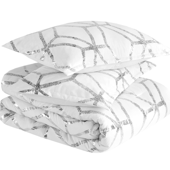 FULL/QUEEN 4pc. Metallic Vivian Comforter Set by Comfort Spaces White Silver - Picture 4 of 9